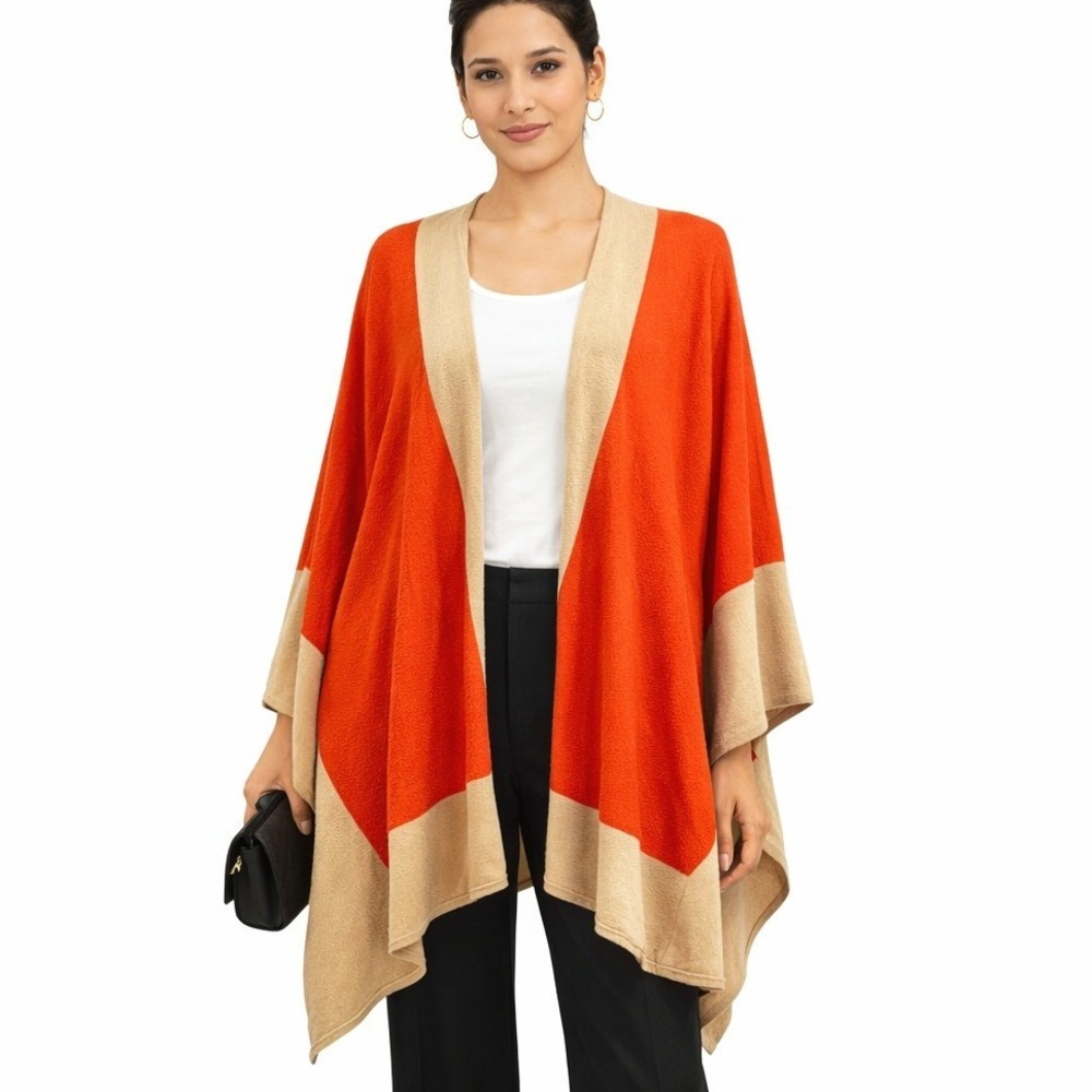 Lauren Ralph Lauren Womens Poncho OS Colorblock Wrap Cape Modern Wool Blend Knit